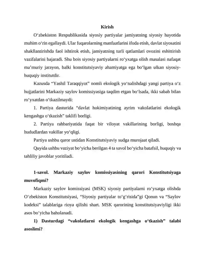 "Yashil Taraqqiyot" partiyasining ro‘yxatdan o‘tishi bilan bog‘liq huquqiy kazus tahlili 2