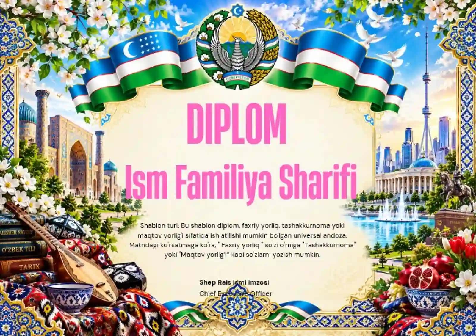 Shablon diplom, sertifikat, faxriy yorliq, tashakkurnoma yoki maqtov yorlig'i 2