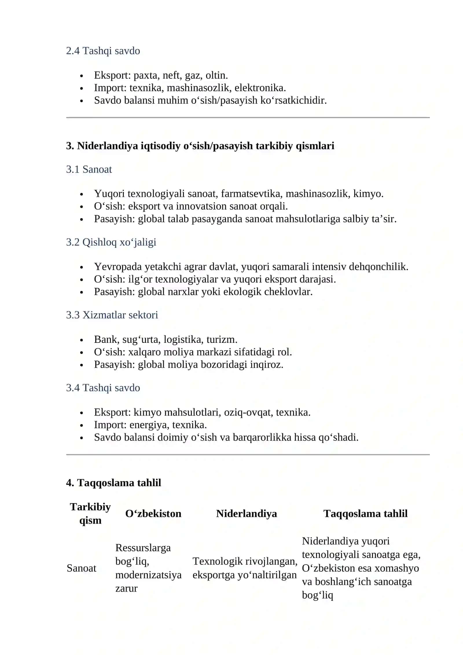 O‘zbekiston va Niderlandiya iqtisodiy o‘sish/pasayish tarkibiy qismlarining taqqoslama tahlili 2
