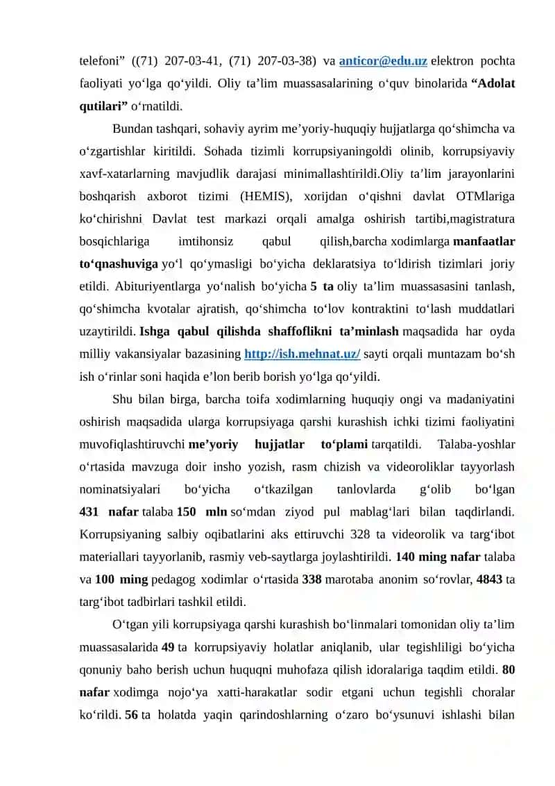 “KORRUPSIYASIZ SOHA” LOYIHASINI JORIY ETISH VA AMALGA OSHIRISH 2