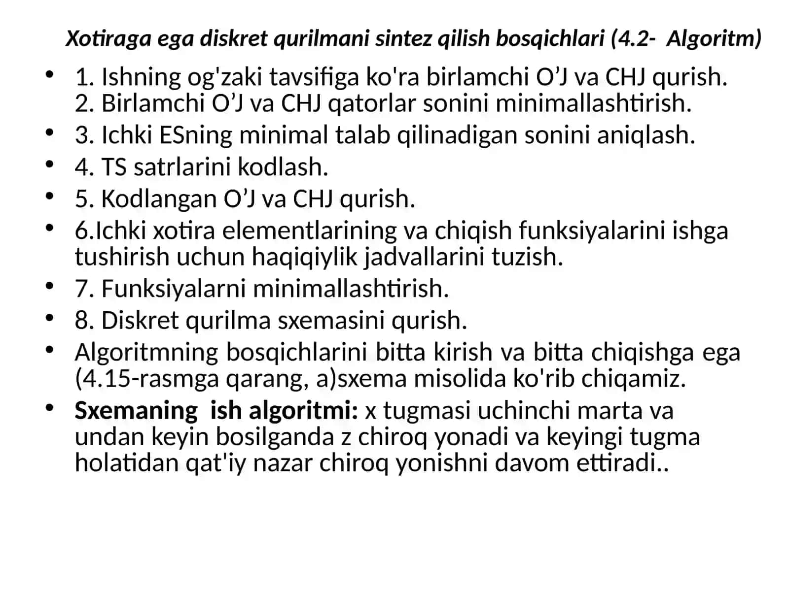 Chekli avtomatlar (CHA) sintezining bosqichlari.O‘tish jadvalini minimizatsiyasi 2