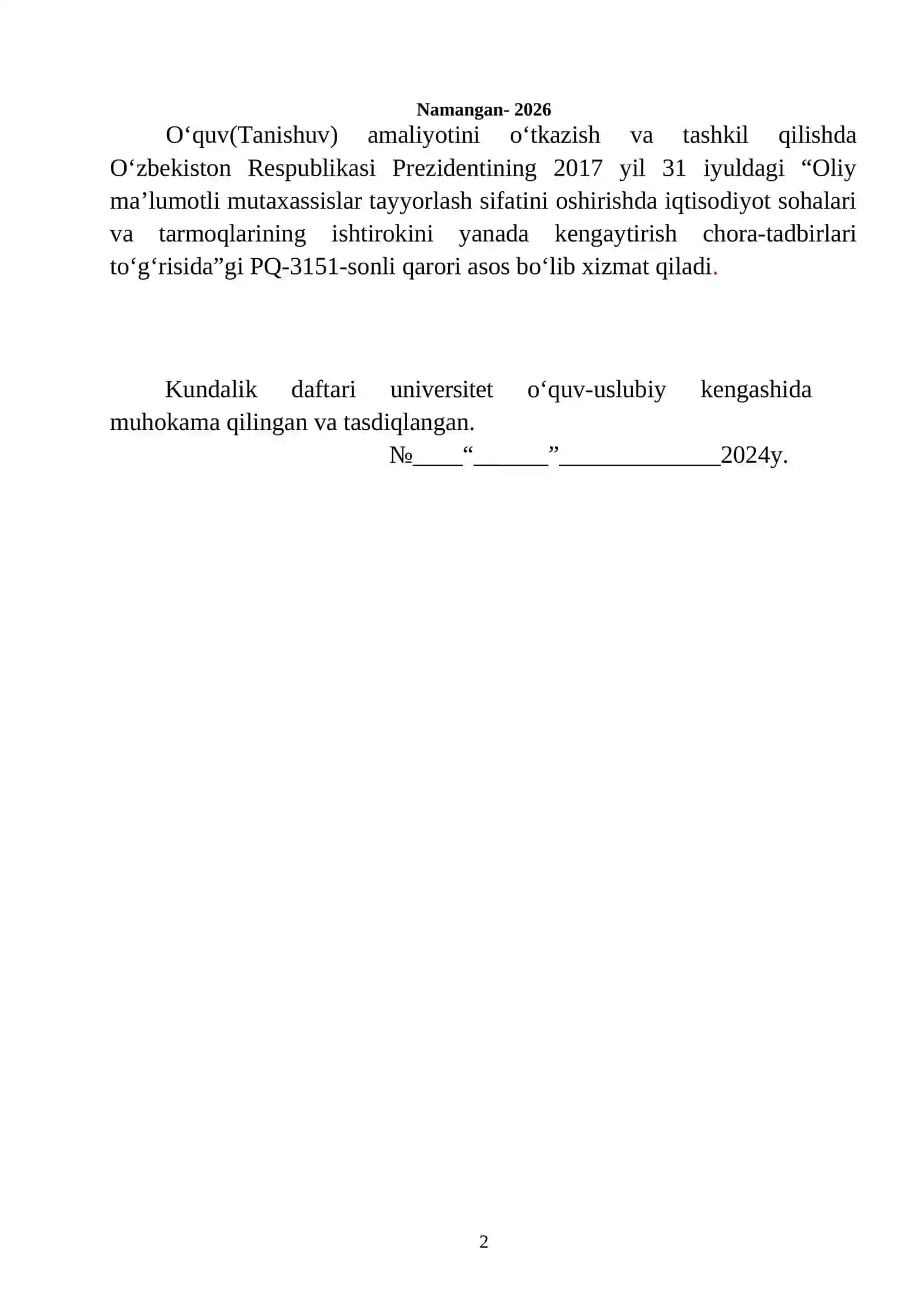 O‘QUV (TANISHUV) AMALIYOTI KUNDALIGI 2