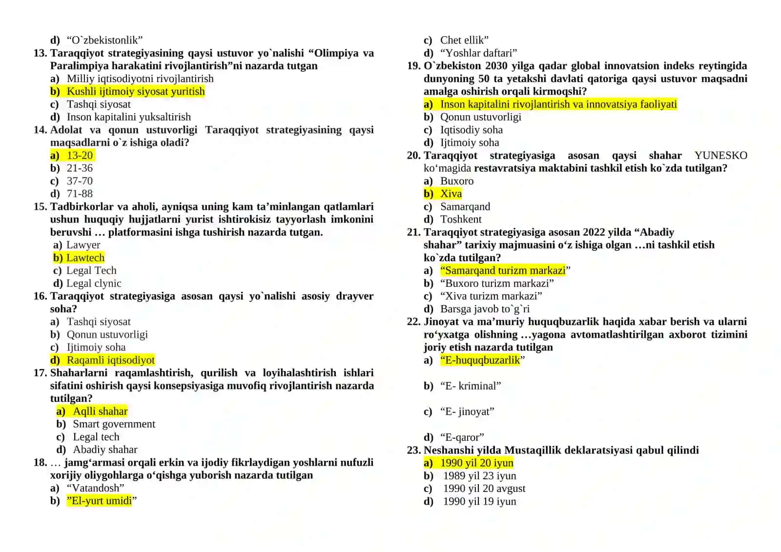 O‘zbekiston milliy taraqqiyot strategiyasi fanidan test savollari 2