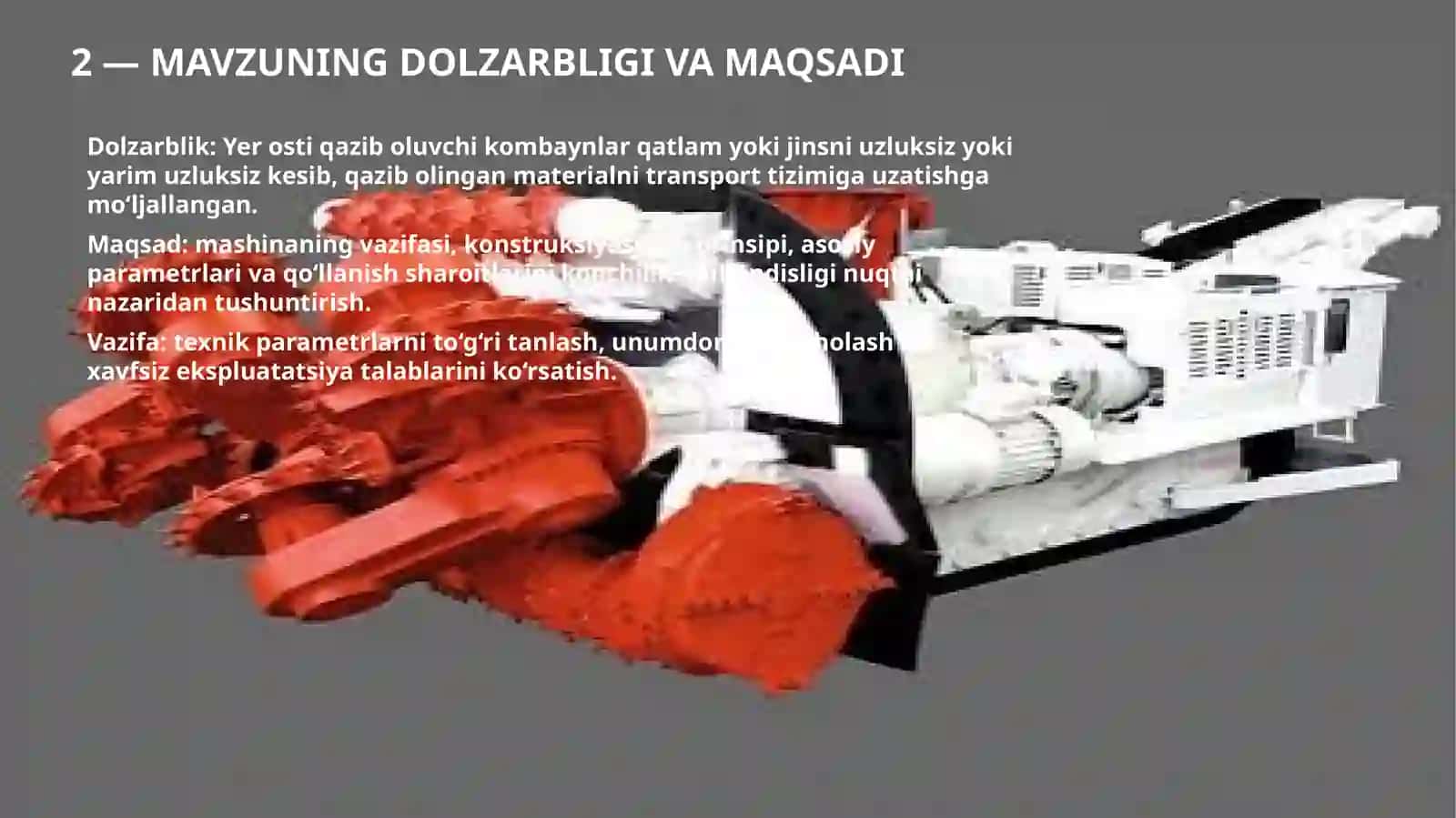 Yer osti qazib oluvchi kombaynlar: Tuzilishi, ishlash prinsi va qo‘llanilishi 2