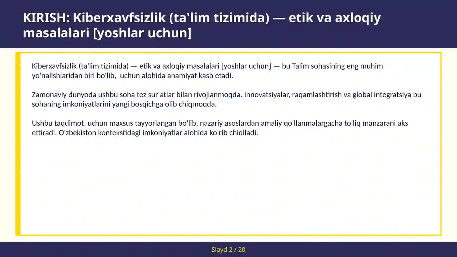 KIBERXAVFSIZLIK (TA'LIM TIZIMIDA) — ETIK VA AXLOQIY MASALALARI [YOSHLAR UCHUN] 2