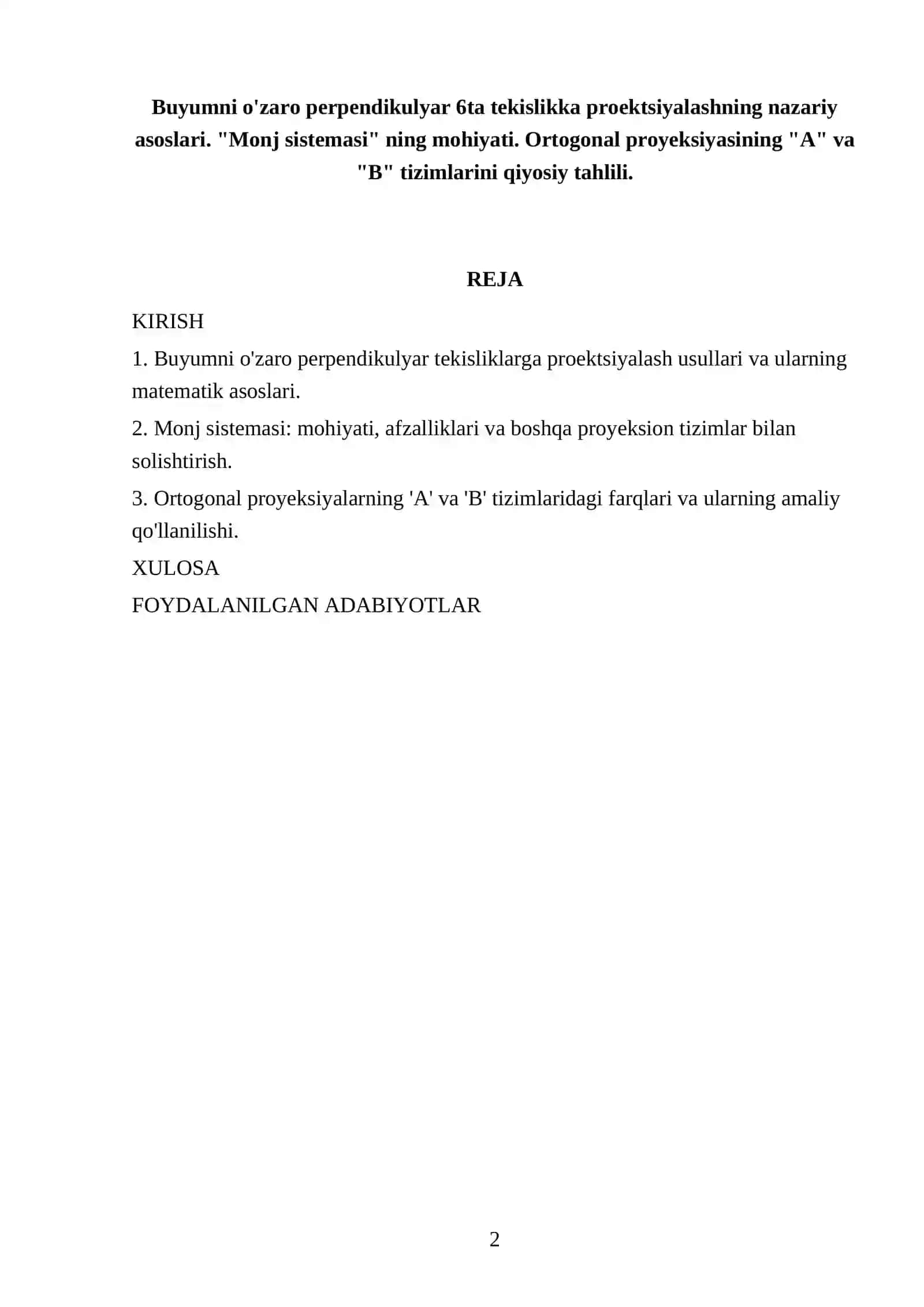 Buyumni o'zaro perpendikulyar 6ta tekislikka proektsiyalashning nazariy asoslari 2