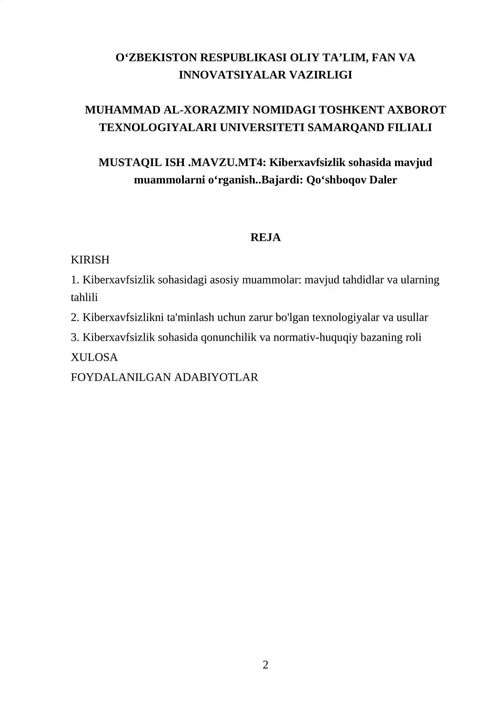 Muhammad al-Xorazmiy nomidagi Toshkent Axborot texnologiyalari universiteti Samarqand filiali mustaqil ish 2