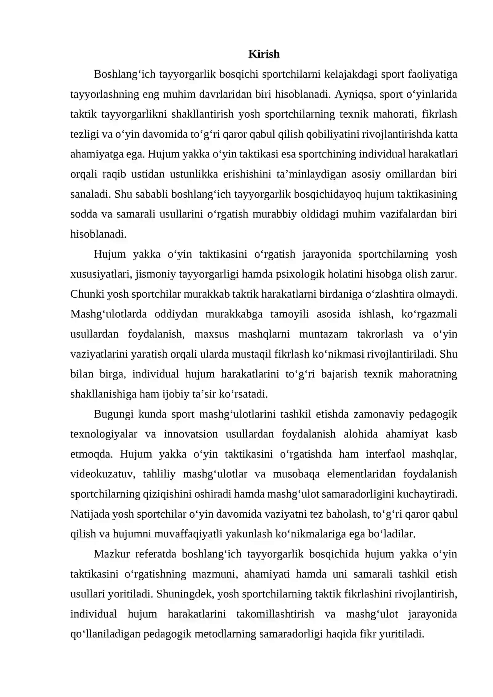 Boshlang'ich tayyorgarlik bosqichida hujum yakka o'yin taktikasini o'rgatish usullari haqida bilim doirasini shakllantirish 2