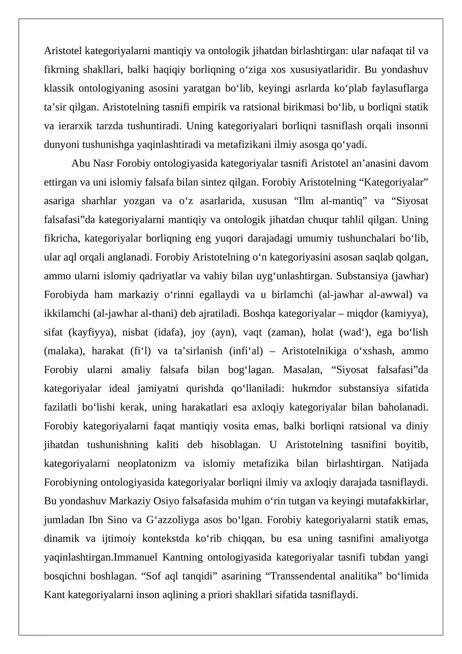 Aristotel, Forobiy va Kant ontologiyasida kategoriyalarning tasnifi 2