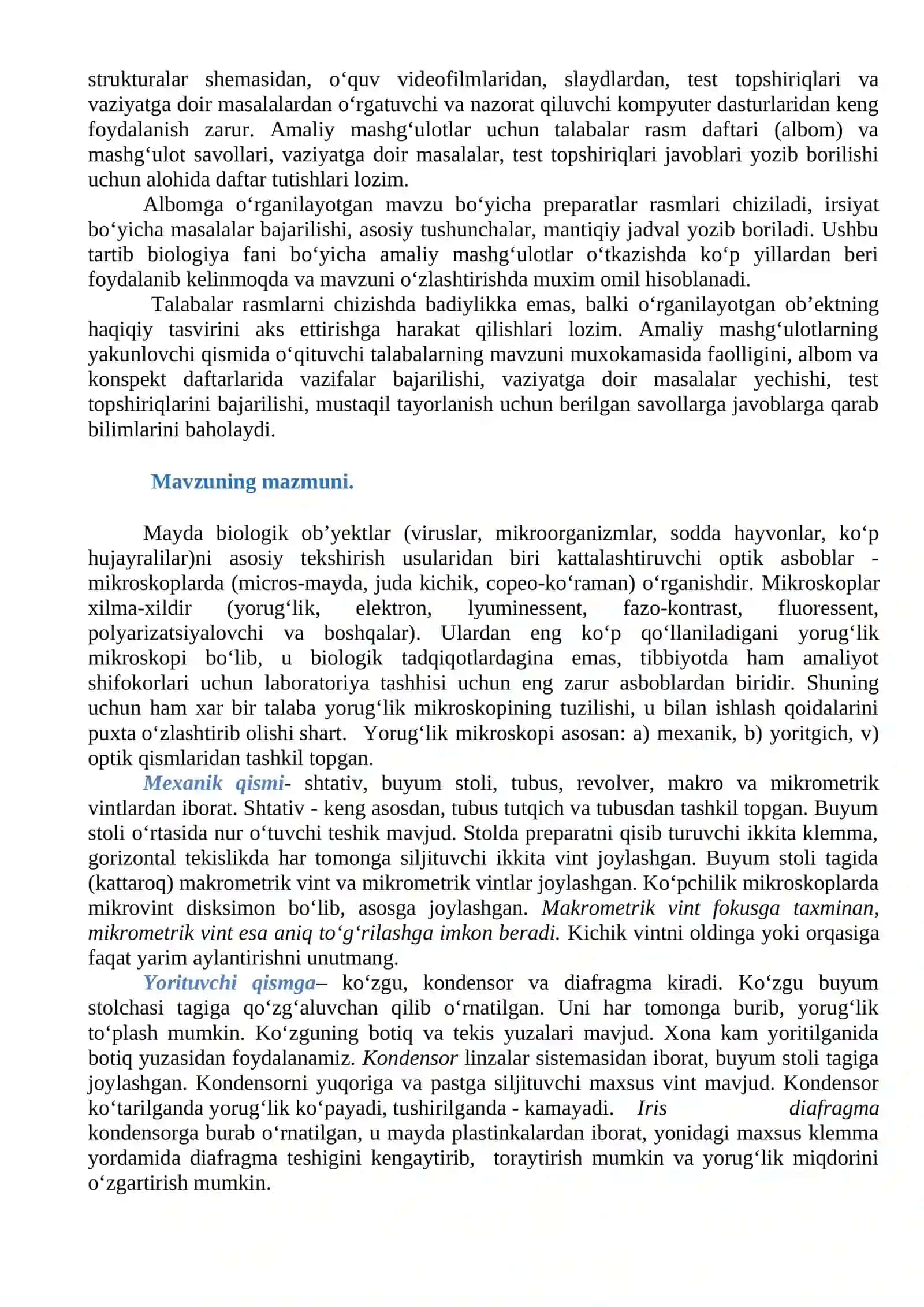 MIKROSKOP. MIKROSKOP BILAN ISHLASH QOIDASI. VAQTINCHALIK PREPARATLAR TAYORLASH 2