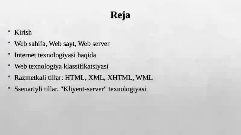 Web texnologiyaga kirish. Asosiy tushunchalar. WWWning rivojlanish bosqichlari. Klient-server texnologiyalari, internet protokollar. Web ilovaning tarkibiy qismlari. Frontend va backend texnologiyalar. 2