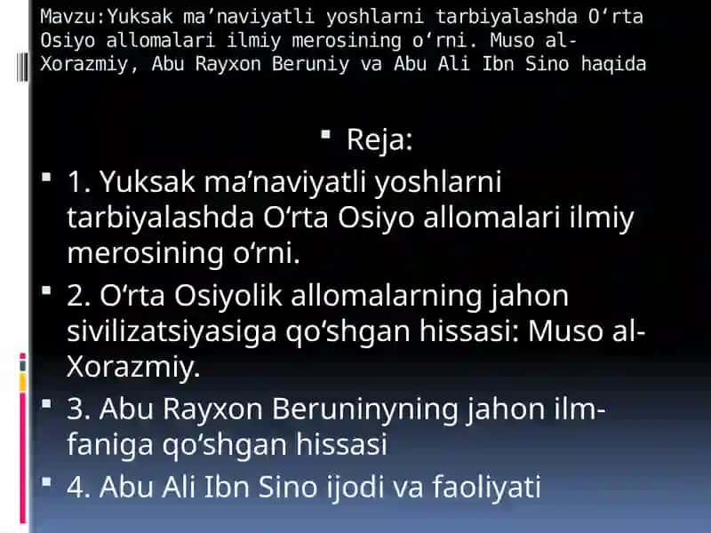 Yuksak ma’naviyatli yoshlarni tarbiyalashda O‘rta Osiyo allomalari ilmiy merosi 2