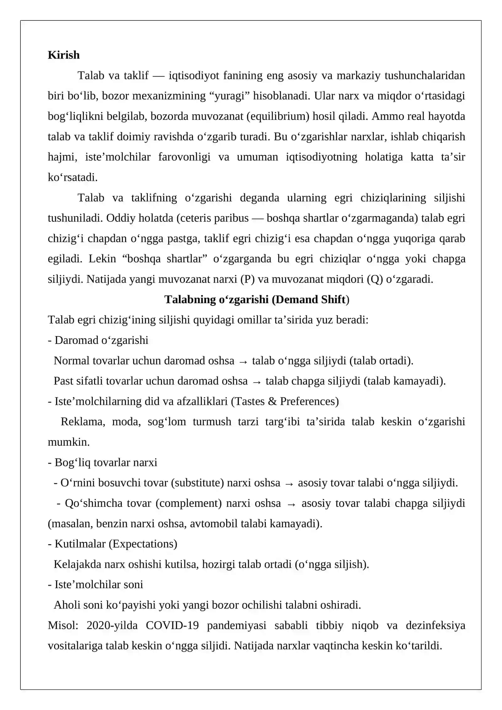 Talab va taklifning o’zgarishi 2