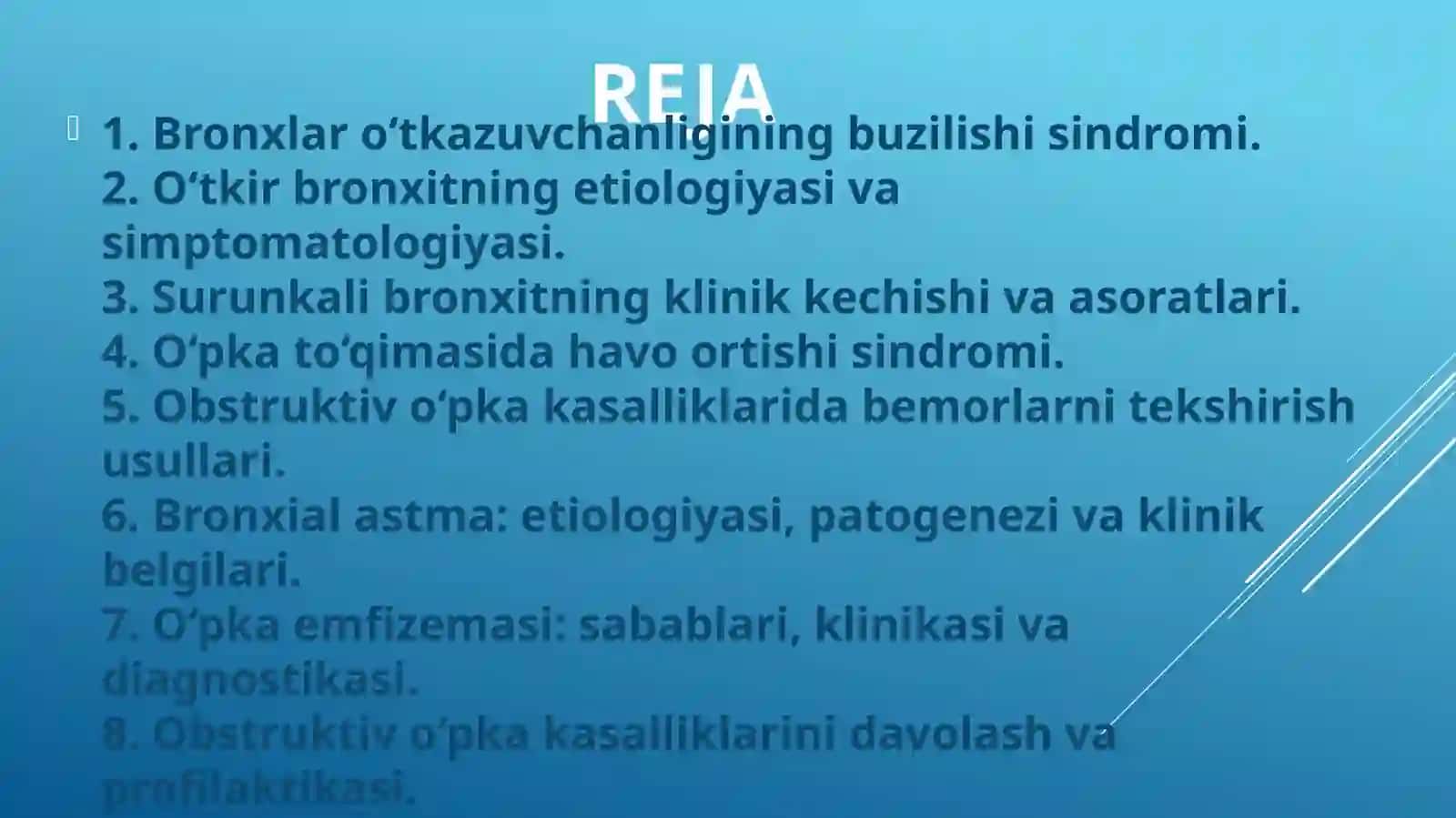 Bronxiar o'tkazuvchanligini buzilishi sindromi. O'tkir valsurunkali bronxitlar simptomatologiyasi. O'pka to gimasida xavoortishi sindromi. Obstruktiv o'pka kasalliklari bilan kasallanganbemorlarni tekshirish. Bronxial astma. O'pka emfizemasi 2