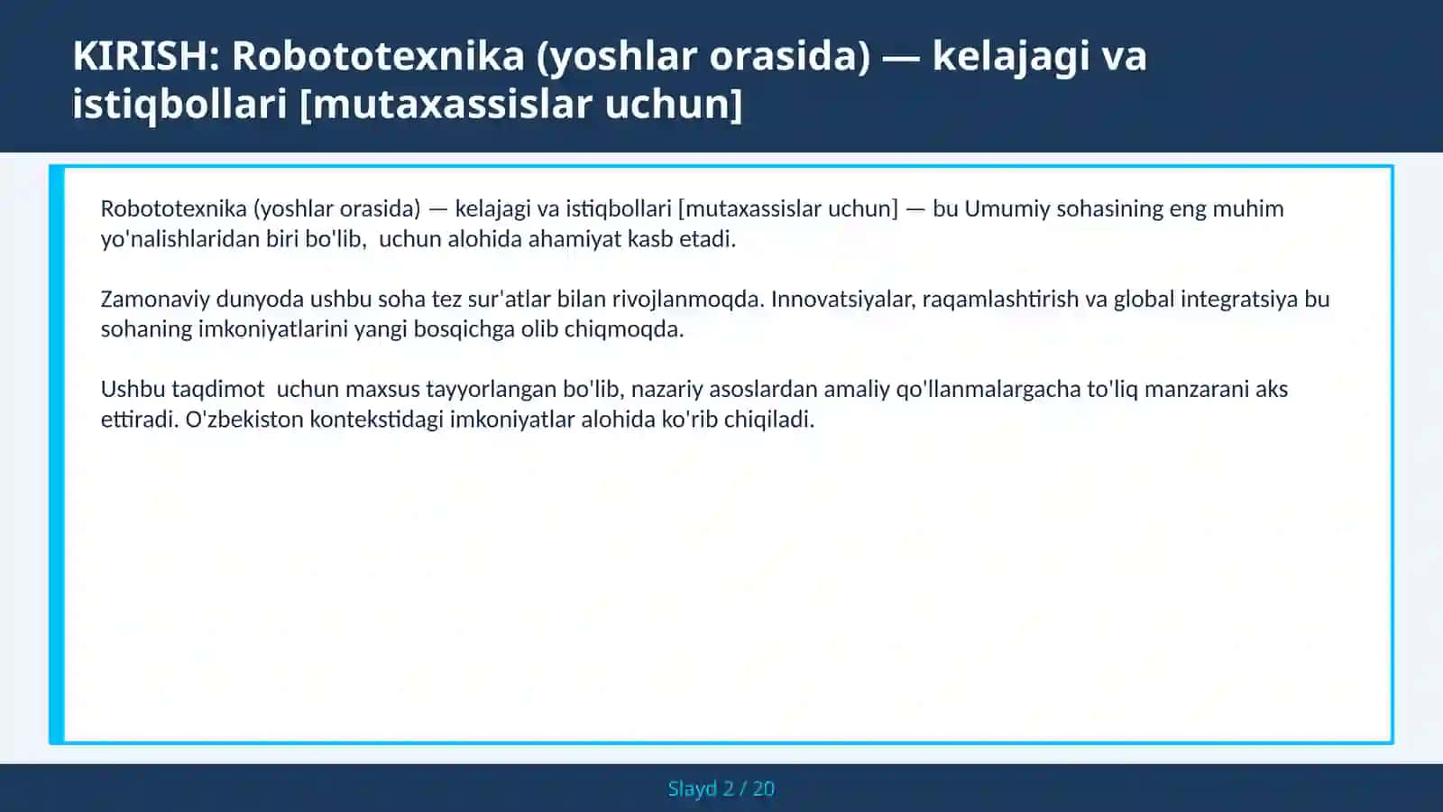 ROBOTOTEXNIKA (YOSHLAR ORASIDA) — KELAJAGI VA ISTIQBOLLARI [MUTAXASSISLAR UCHUN] 2