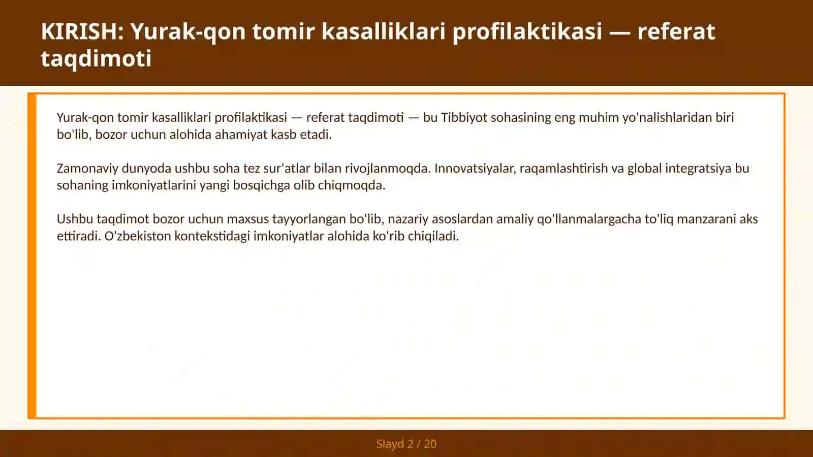 Yurak-qon tomir kasalliklari profilaktikasi — referat taqdimoti 2