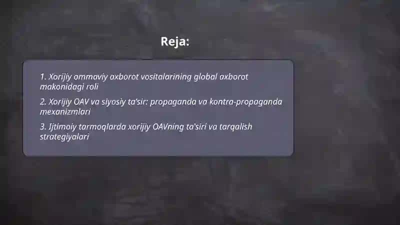 Xorijiy ommaviy axborot vositalarini media zamonidagi o'rni 2