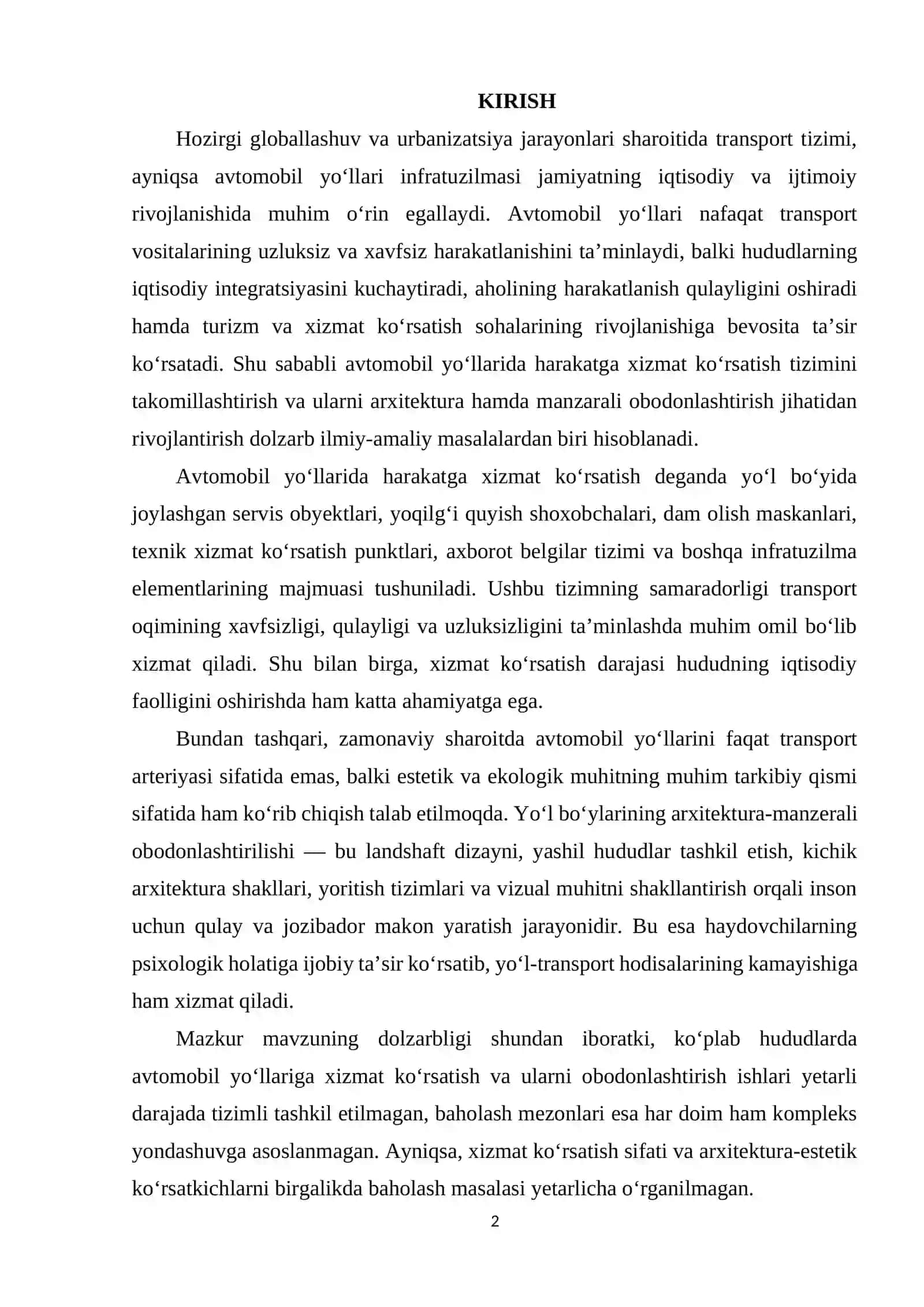 Avtomobil yo'llaridagi harakatga xizmat korsatish va arxitektura manzarali obodonlashtirish darajasini baholash 2
