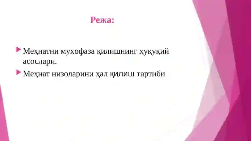 Меҳнат Муҳофазаси.Меҳнат Низолари 2