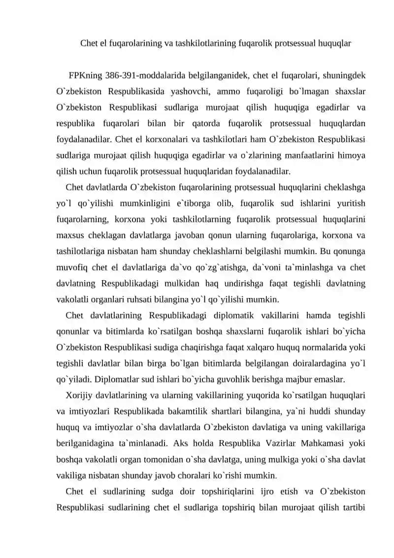 Chet el fuqarolarining va fuqaroligi bo`lmagan shaxslarning fuqarolik protsessual huquqlari va ularga huquqiy yordamlar 2