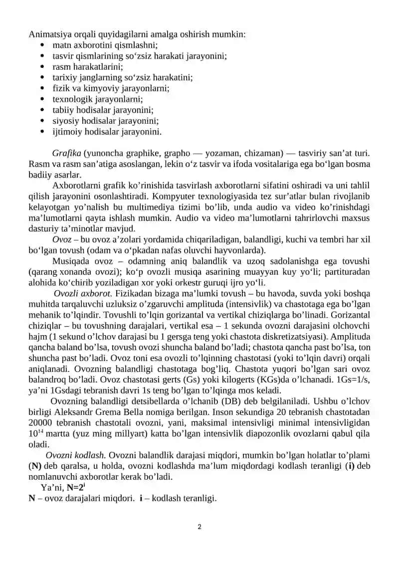 Ovoz, grafik va matnli axborotlarni kodlash. Zamonaviy texnik va dasturiy vositalar sinfi bilan tanishtirish 2