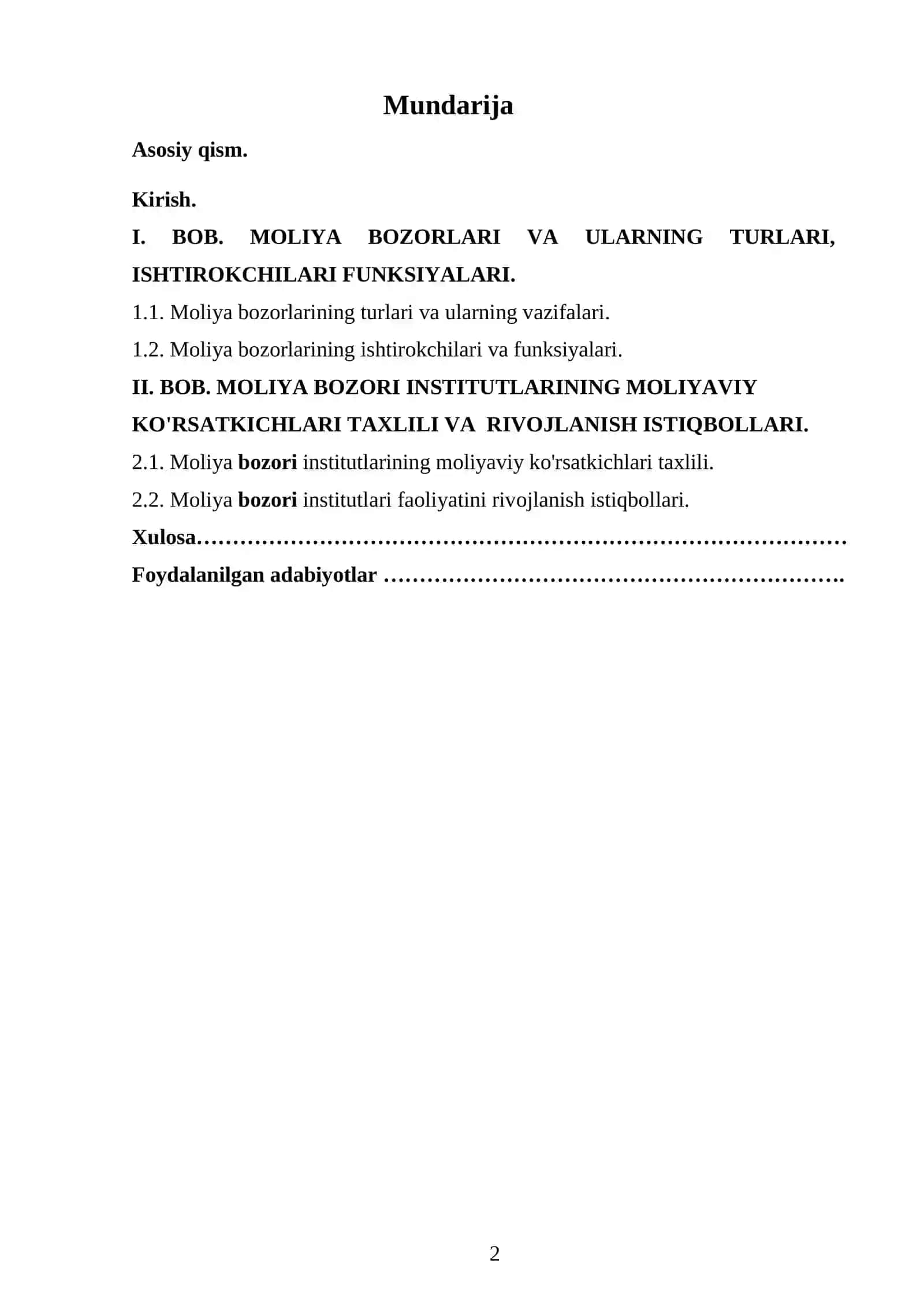Moliya bozori va institutlari kurs ishi 2