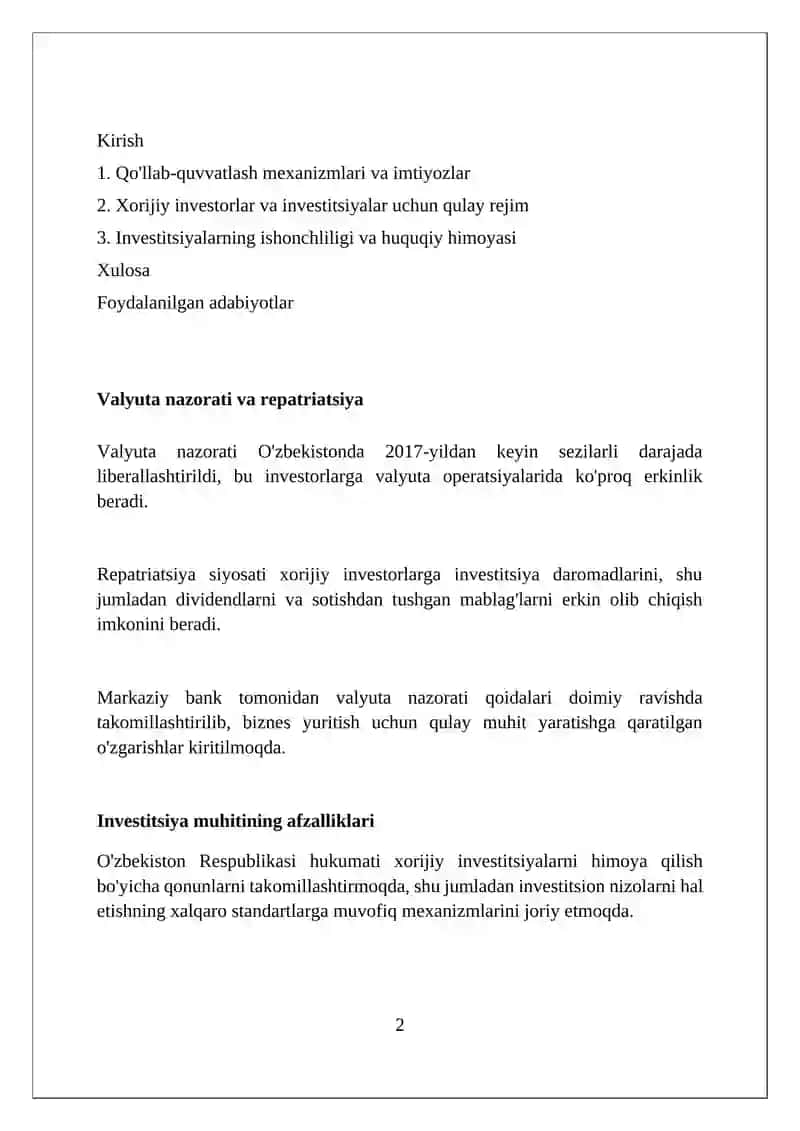 Xorijiy investorlar va investitsiyalar uchun qulay rejimi 2