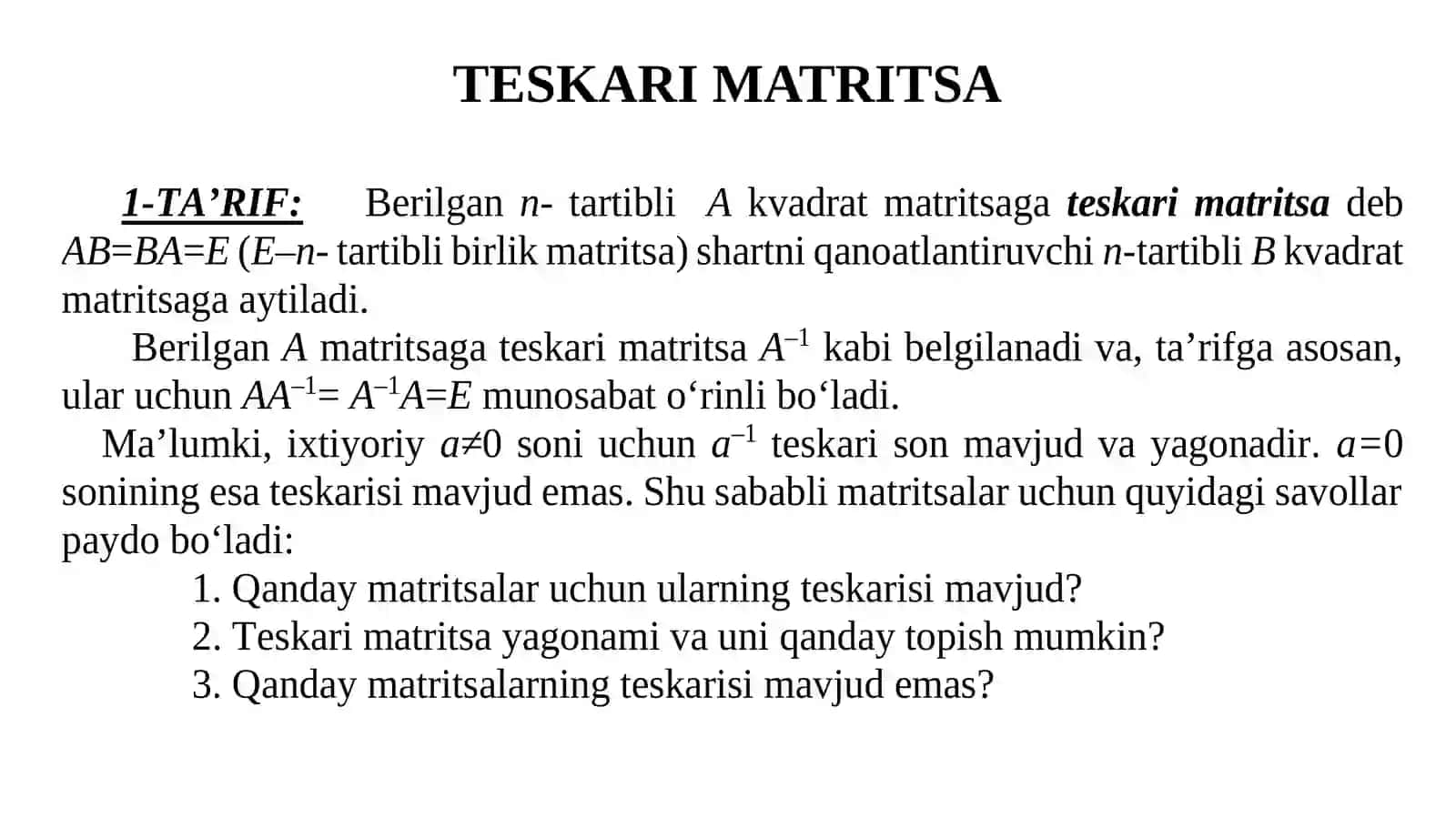 TESKARI MATRITSA. MATRITSANING RANGI 2