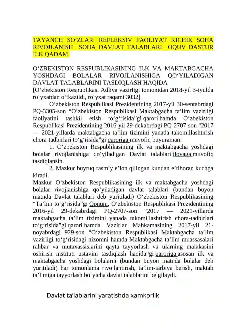 O‘zbekiston Respublikasining Ilk va Maktabgacha Yoshdagi Bolalar Rivojlanishiga Qo‘yiladigan Davlat Talablari 2