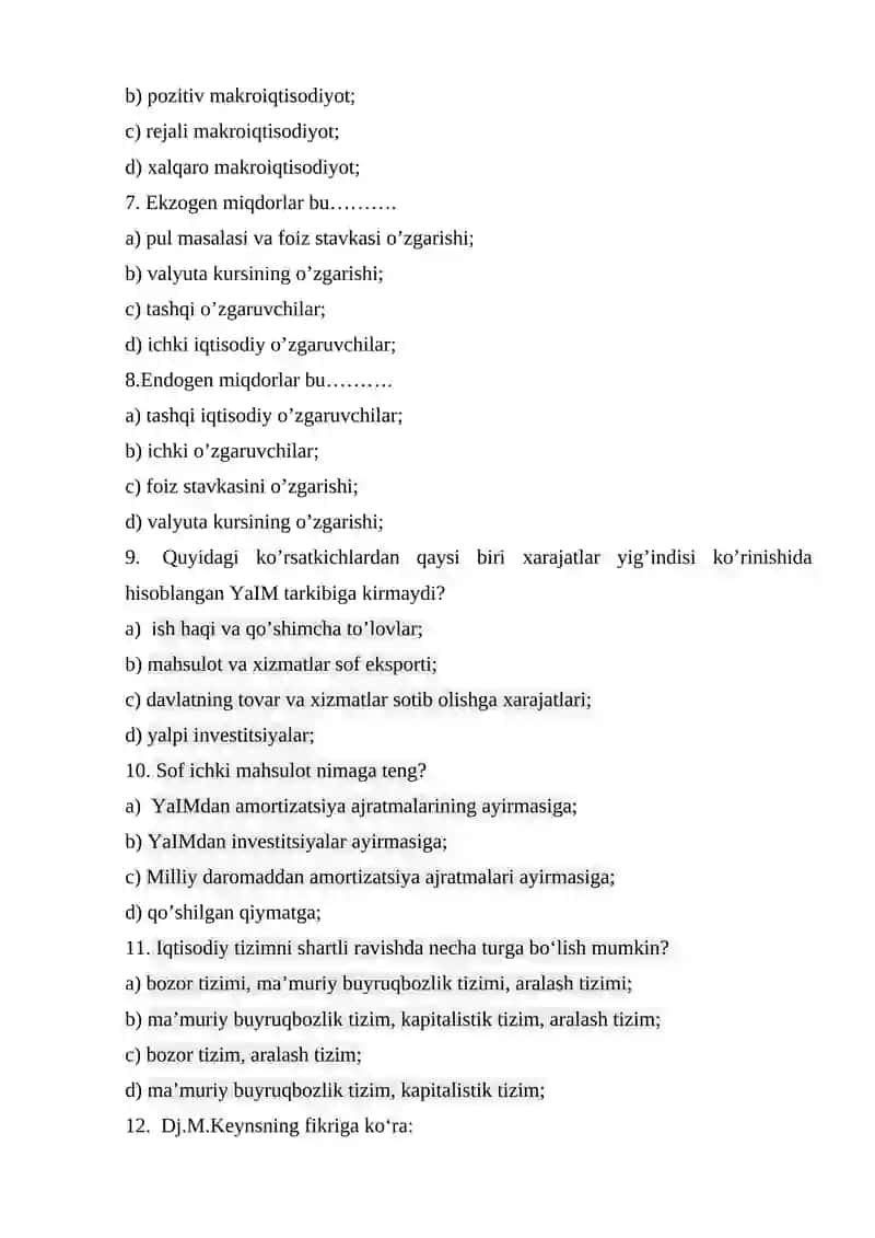Makroiqtisodiyot fanidan test savollari 2