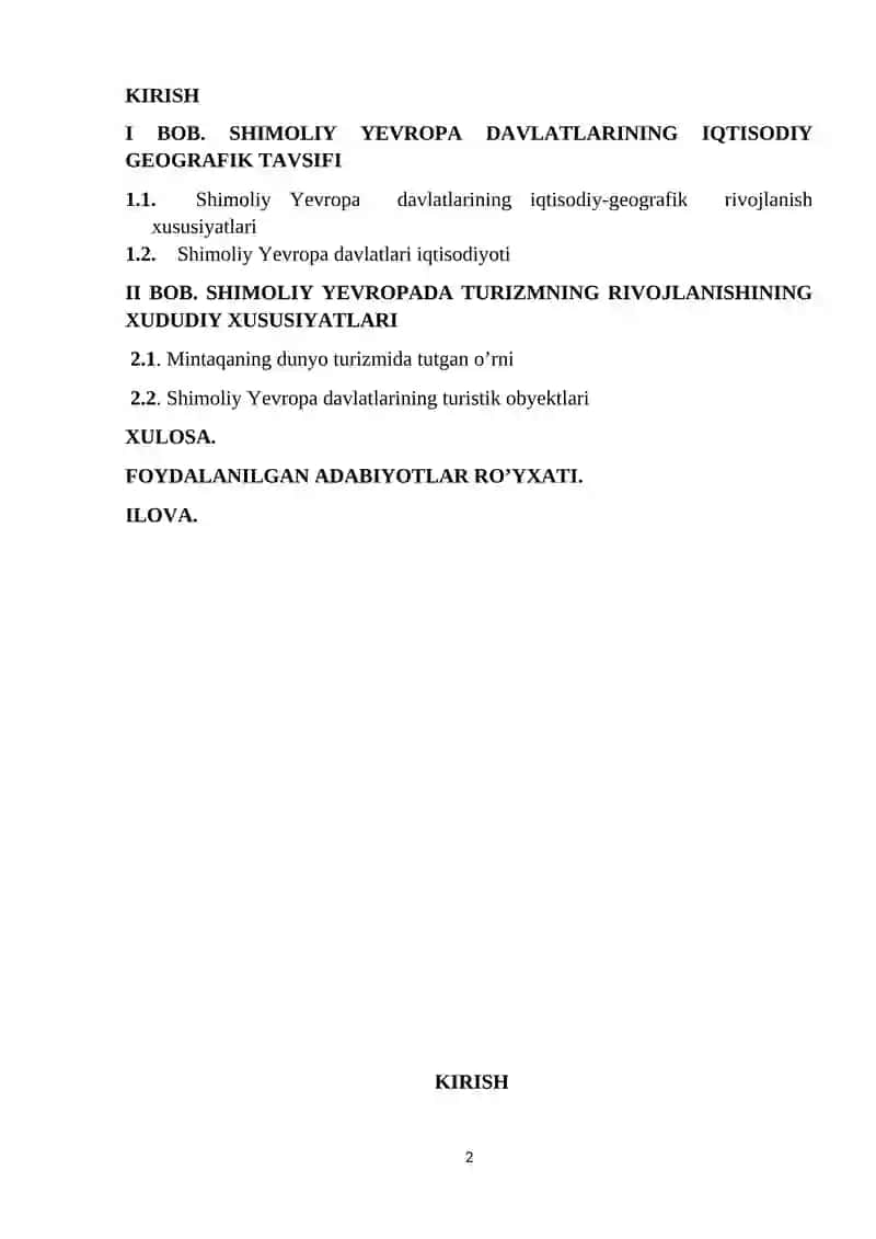 Shimoliy Yevropa turizmi | Tayyor va tahrirlangan kurs ishi 2