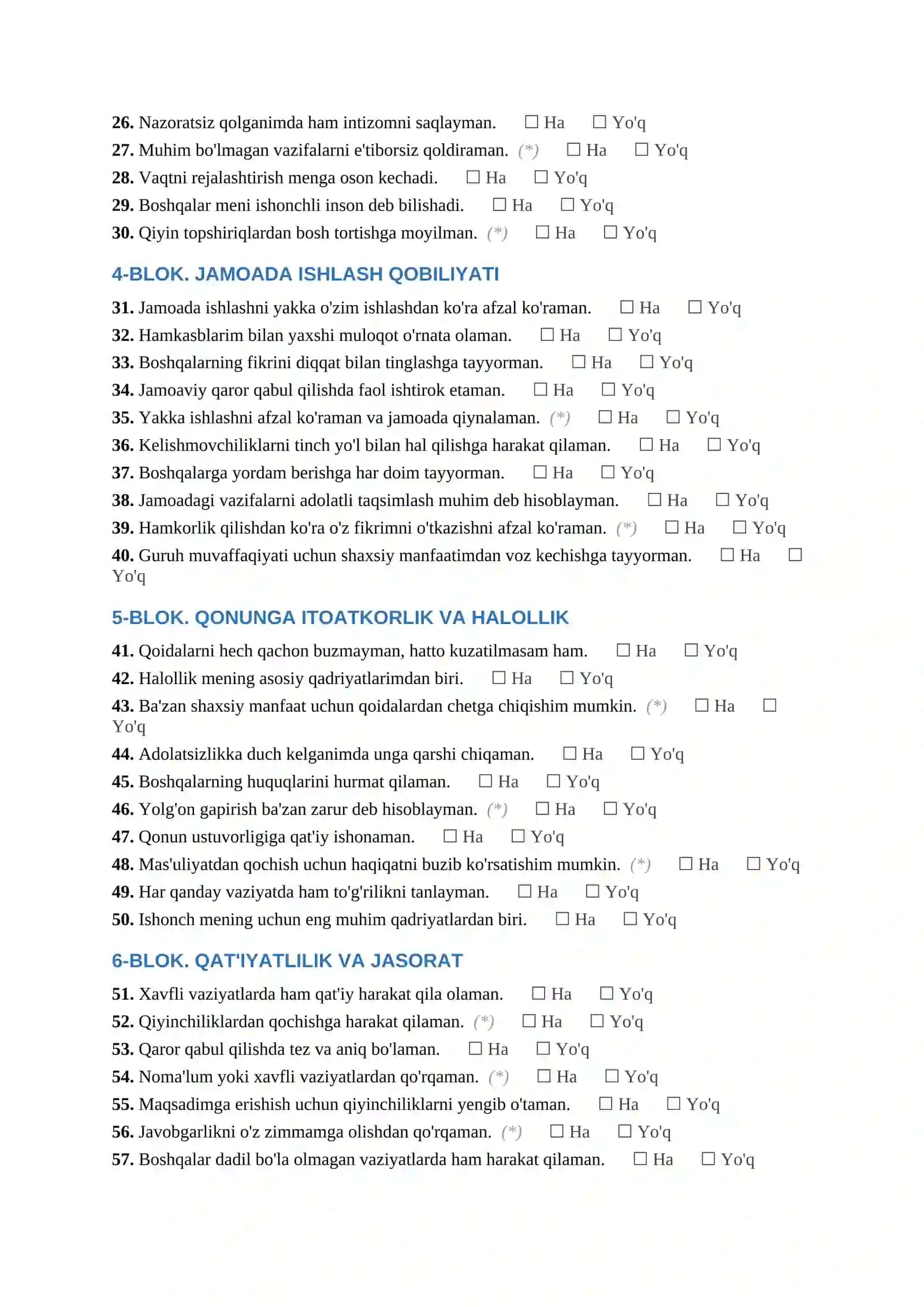 Ichki ishlar organlariga kiruvchilar uchun shaxsiy xususiyatlarni 
baholovchi savolnoma (70 savol, i 2