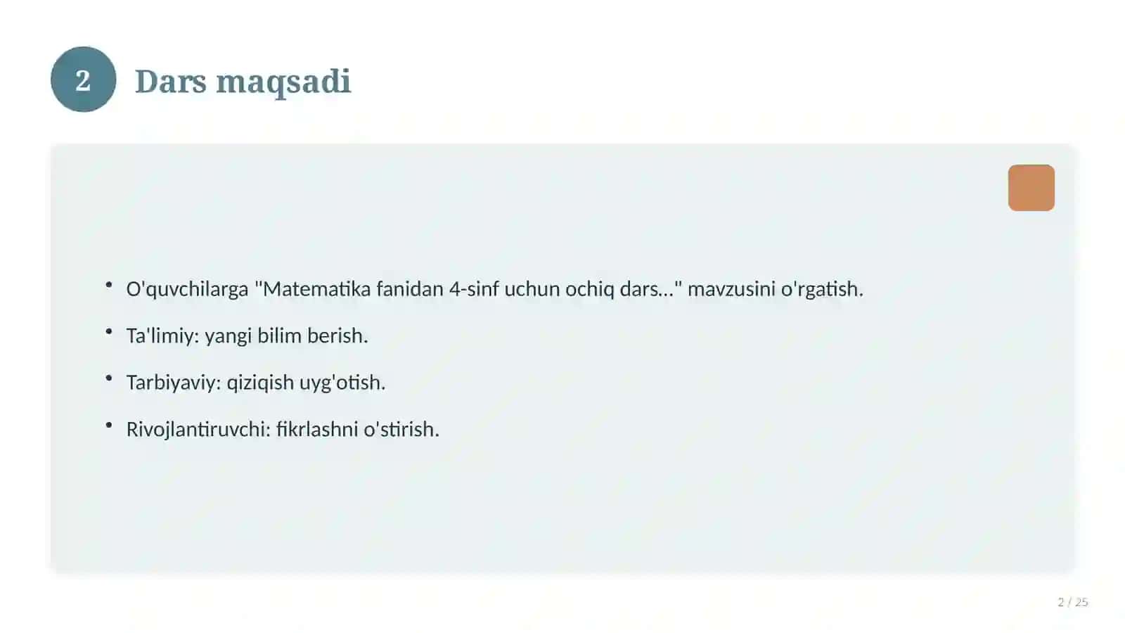 Matematika fanidan 4-sinf uchun ochiq dars ishlanmasi 2