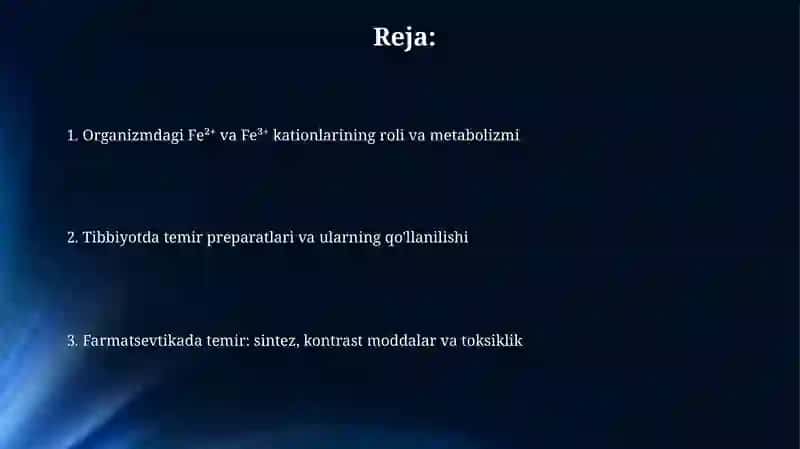 Fe²⁺ va Fe³⁺kation organizmdagi oʻrni.tibbiyotda qoʻllanilishi va dori vositasi tarkibida oʻrni 2