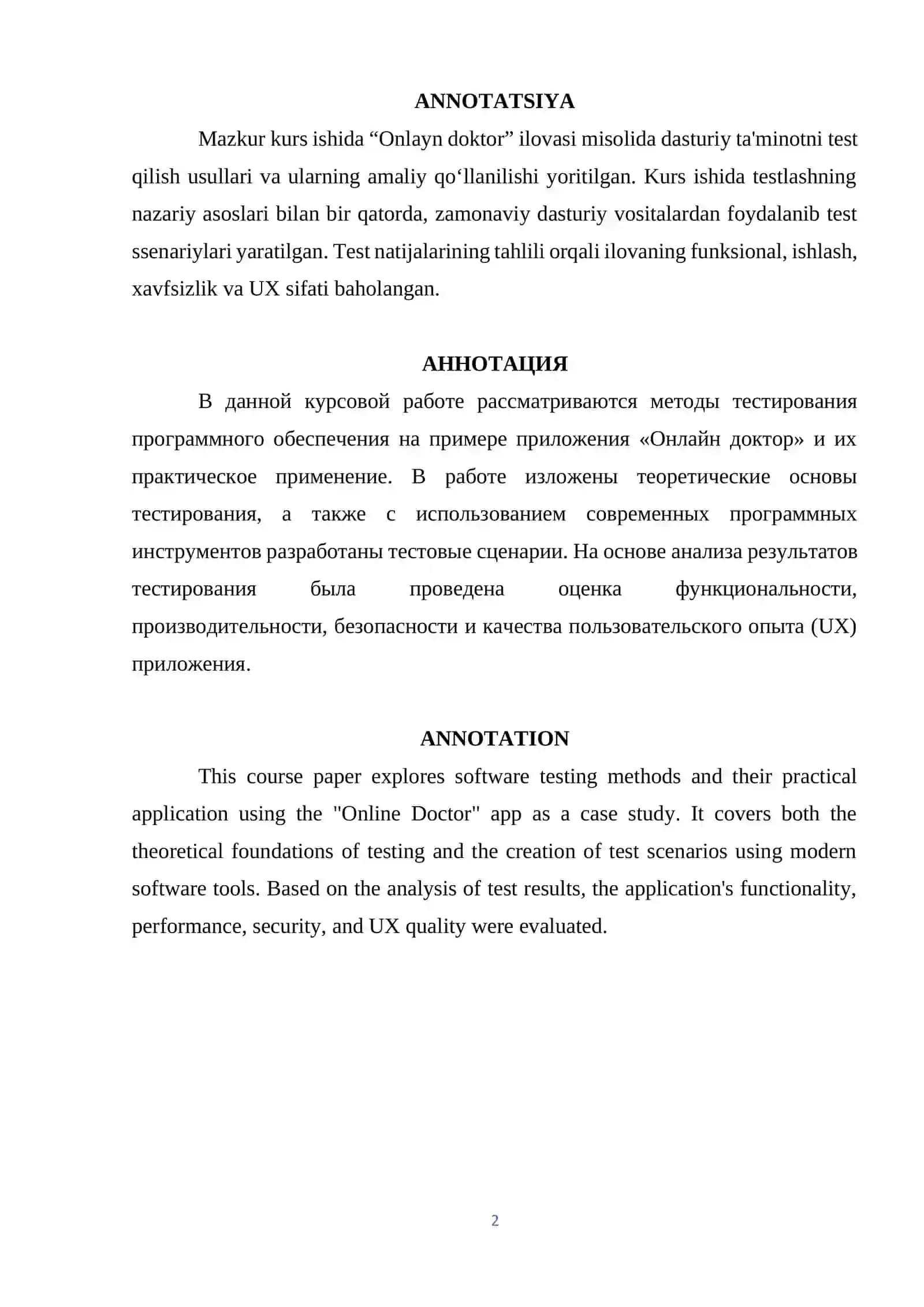 "Dasturiy ta'minotni test qilish usullari: Onlayn doktor ilovasi misolida" 2