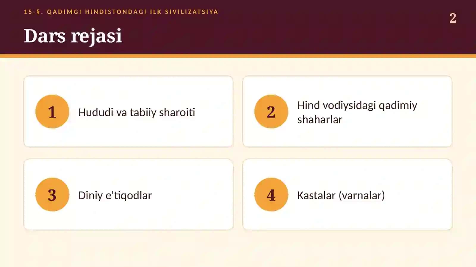 Qadimgi Hindiston: Xarappa, Mohenjodaro, kastalar va e'tiqodlar (15-§, 6-sinf, 15 slayd) 2