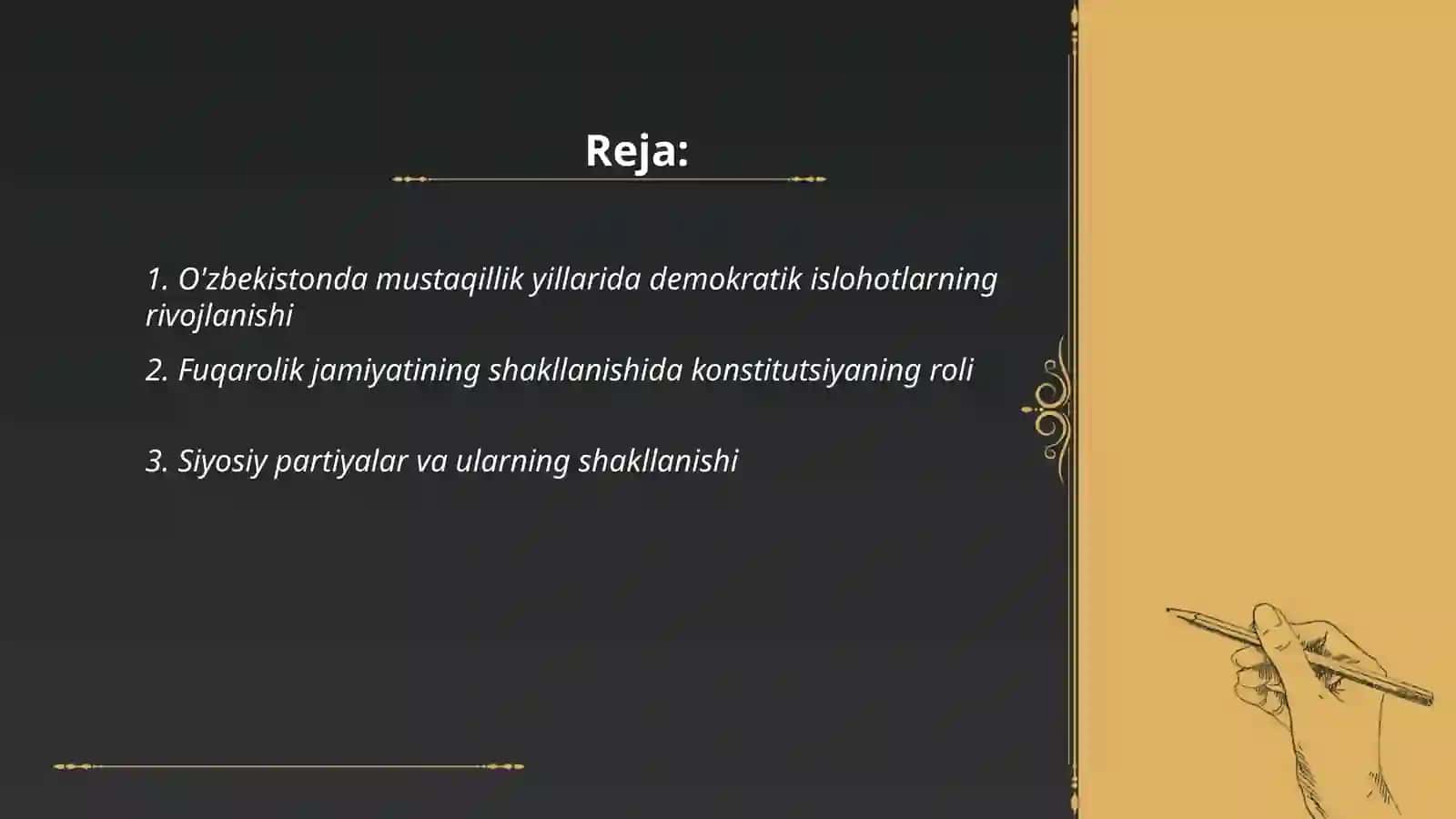 O'zbekistonda demokratik, fuqarolik jamiyati asoslarining shakllanishi, amalga oshirilgan siyosiy islohotlar 2