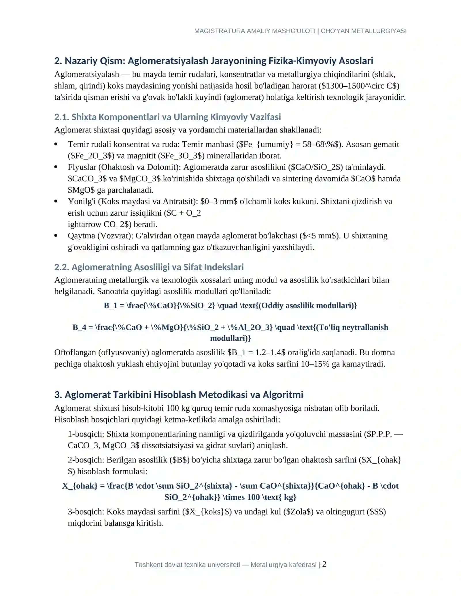 AGLOMERAT SHIXTASI VA TARKIBINI HISOBLASH FIZIKA-KIMYOVIY METODIKASI 2