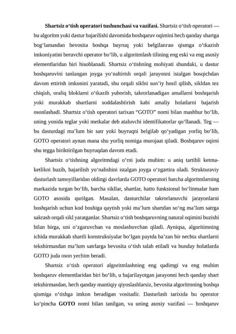 Algoritmlash  tilida shartsiz o’tish operatorini qo’llab dasturlar tuzish 2