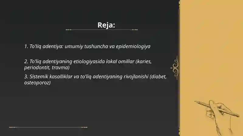 To'liq adentiya etiologiya va patogenezi. CHPJB analizi va okklyuziyasi 2