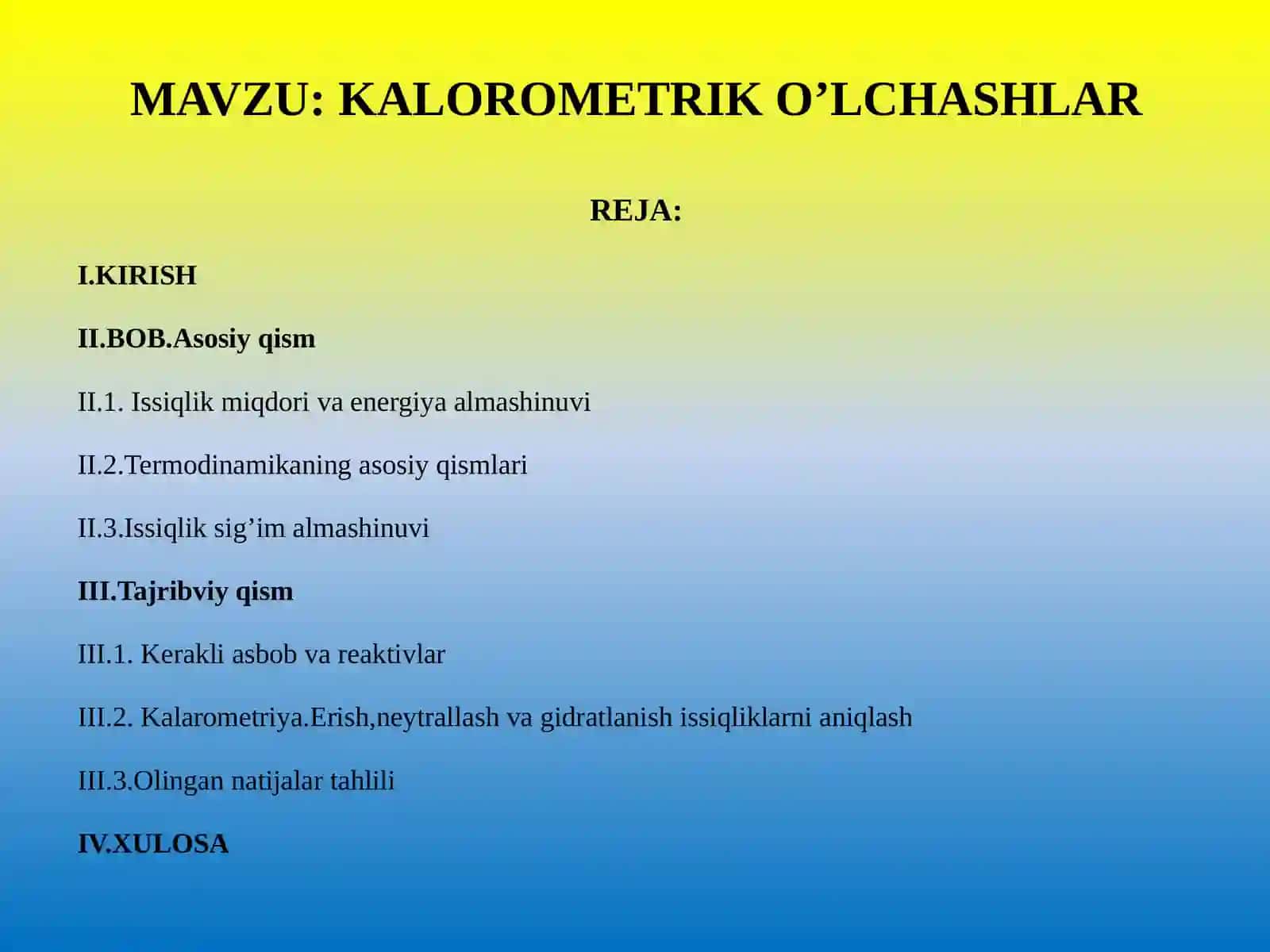 FIZIKAVIY KIMYO FANIDAN TAYYORLAGAN KURS ISHI UCHUN TAQDIMOTI 2