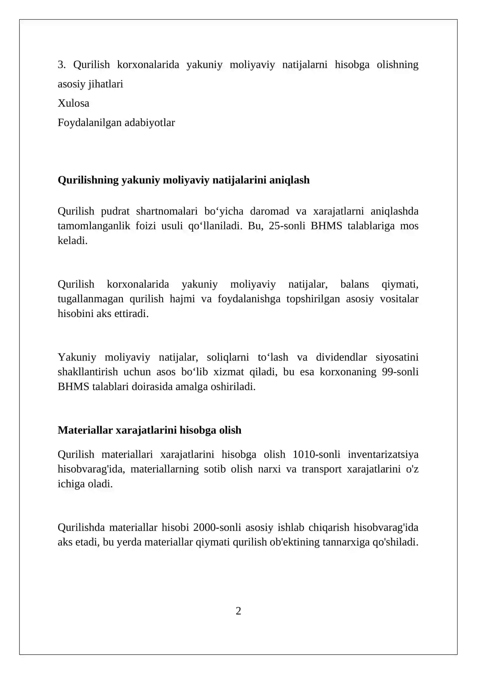 Qurilish korxonalarida yakuniy moliyaviy natijalar hisobi 2