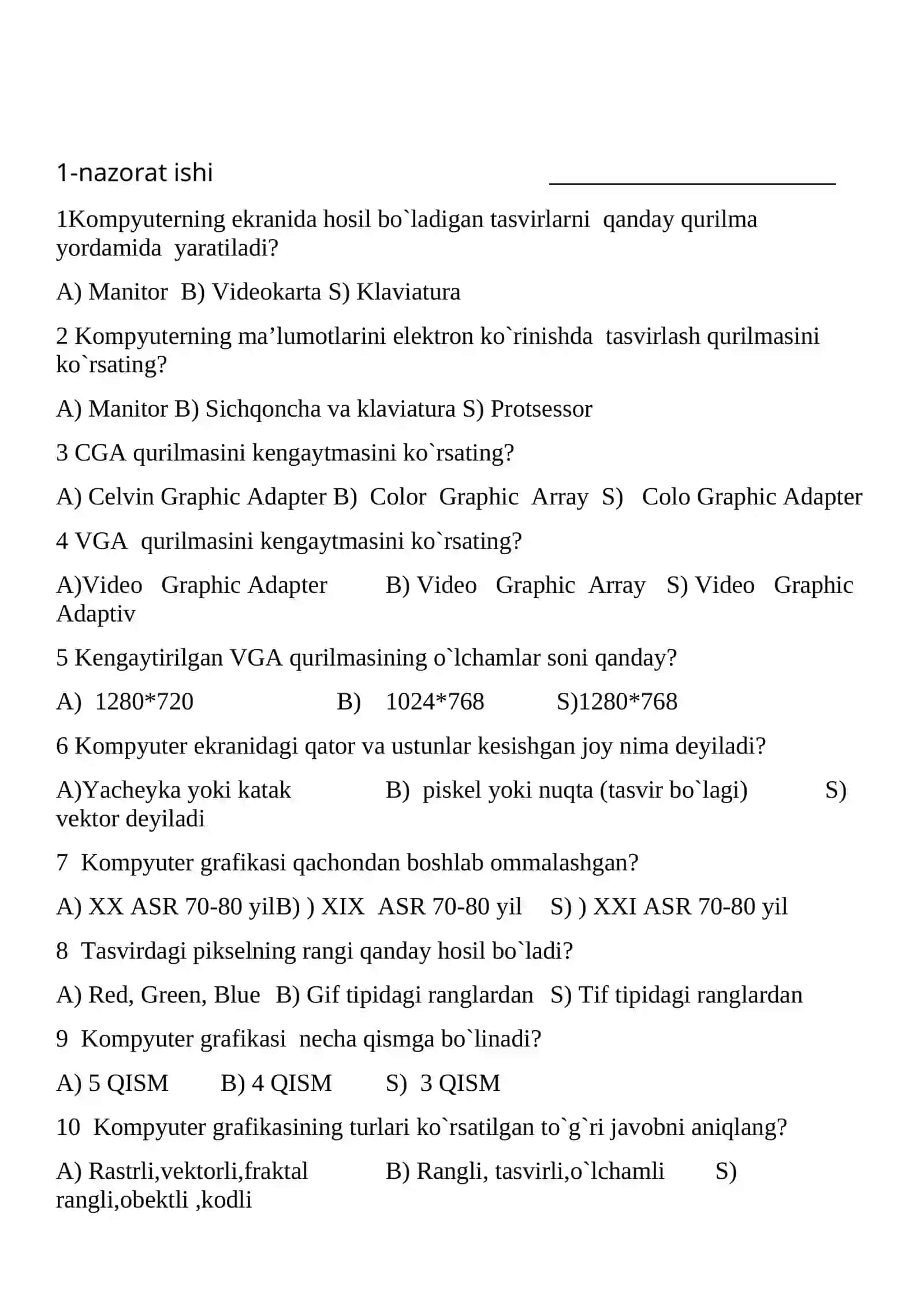INFORMATIKA FANIDAN nazorat ishlari daftari 2