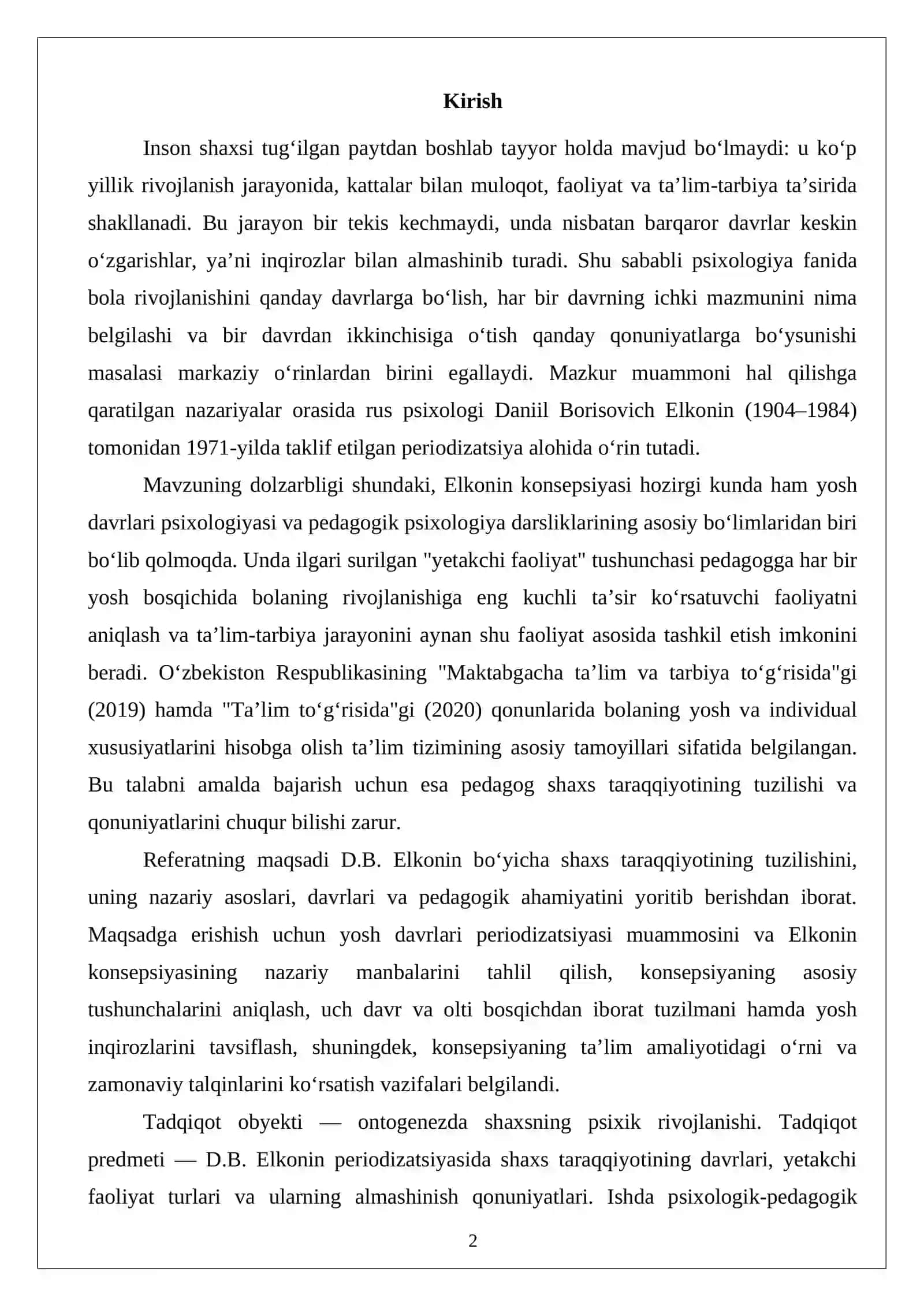 D.B. Elkonin bo‘yicha shaxs taraqqiyotining tuzilishi 2