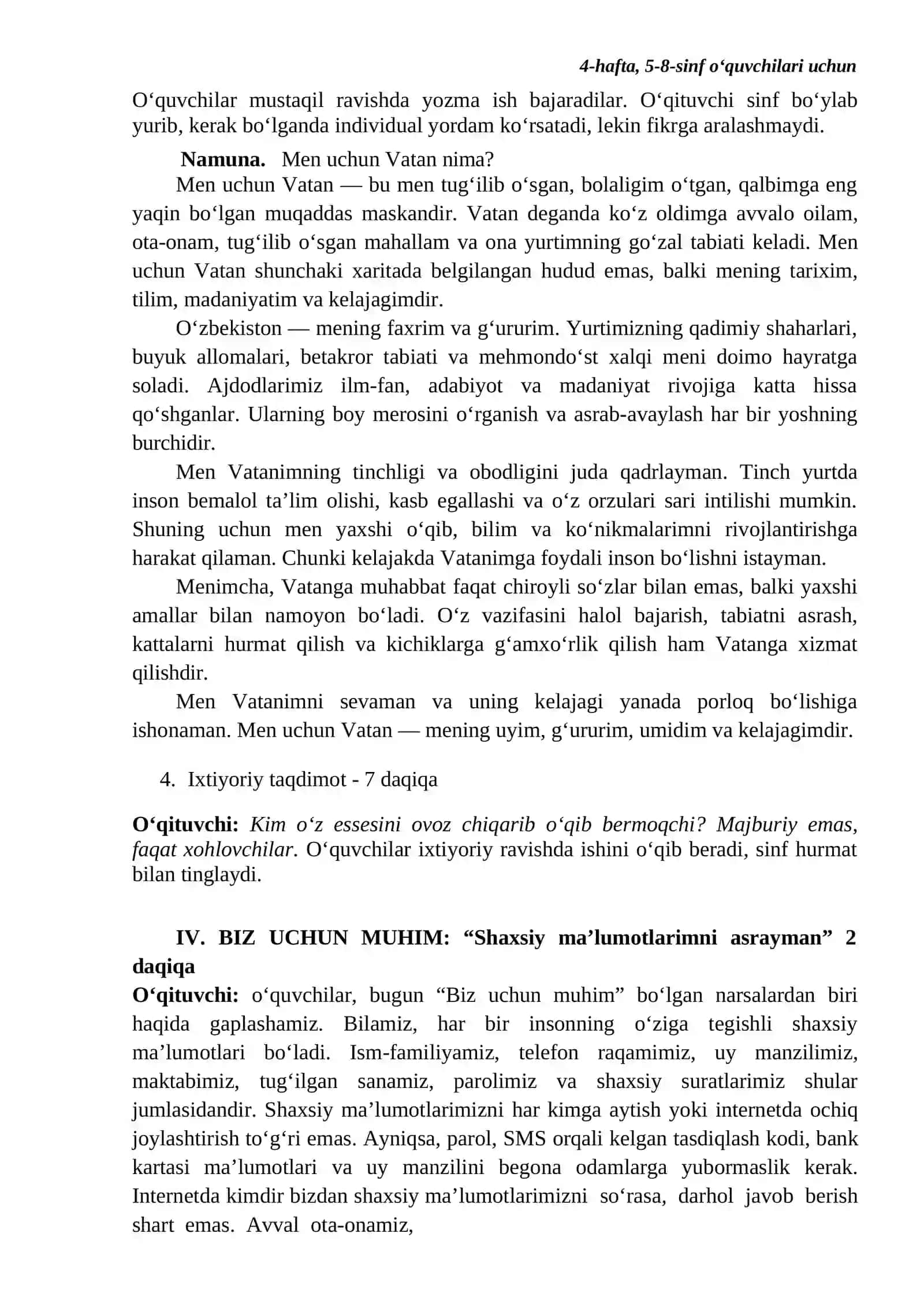 "Men uchun Vatan nima?" mavzusida esse yozish Texnologik xarita 2