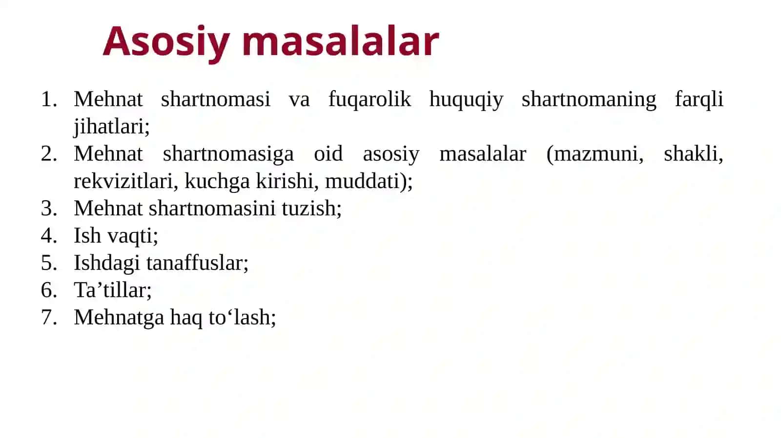 Yangi Mehnat kodeksida mehnat shartnomasi, ish vaqti, ishda tanaffuslar, ta’tillar, mehnatga haq to‘lash, mehnatni normallashtirish masalalarisohasidagi yangiliklar 2