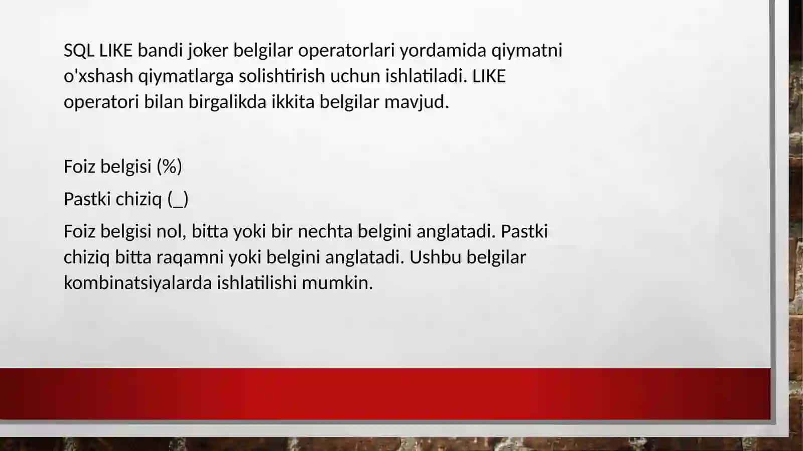 SQL serverda Like,limit bandlari va ularning vazifalari. 2