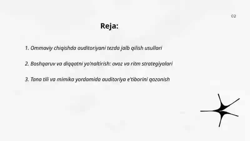 Ommaviy chiqishlarda auditoriya bilan ishlash ommani eʼtiborini qozonish va boshqarish metodlari 2