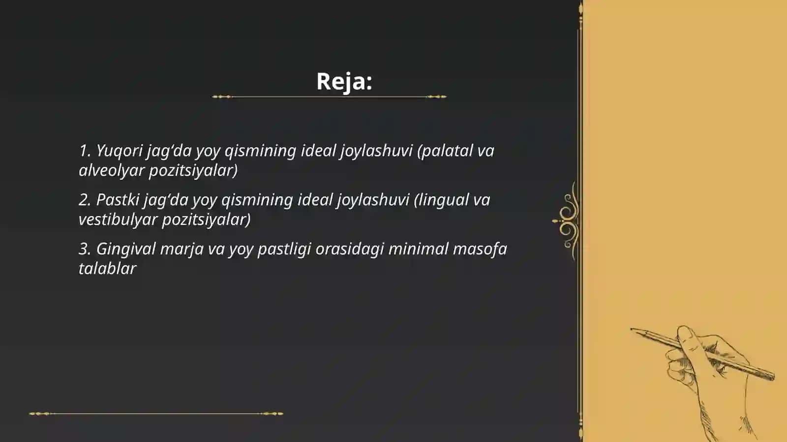 Yuqori va pastki jagʻda yoyli protezlarning yoy qismini joylashuvi 2