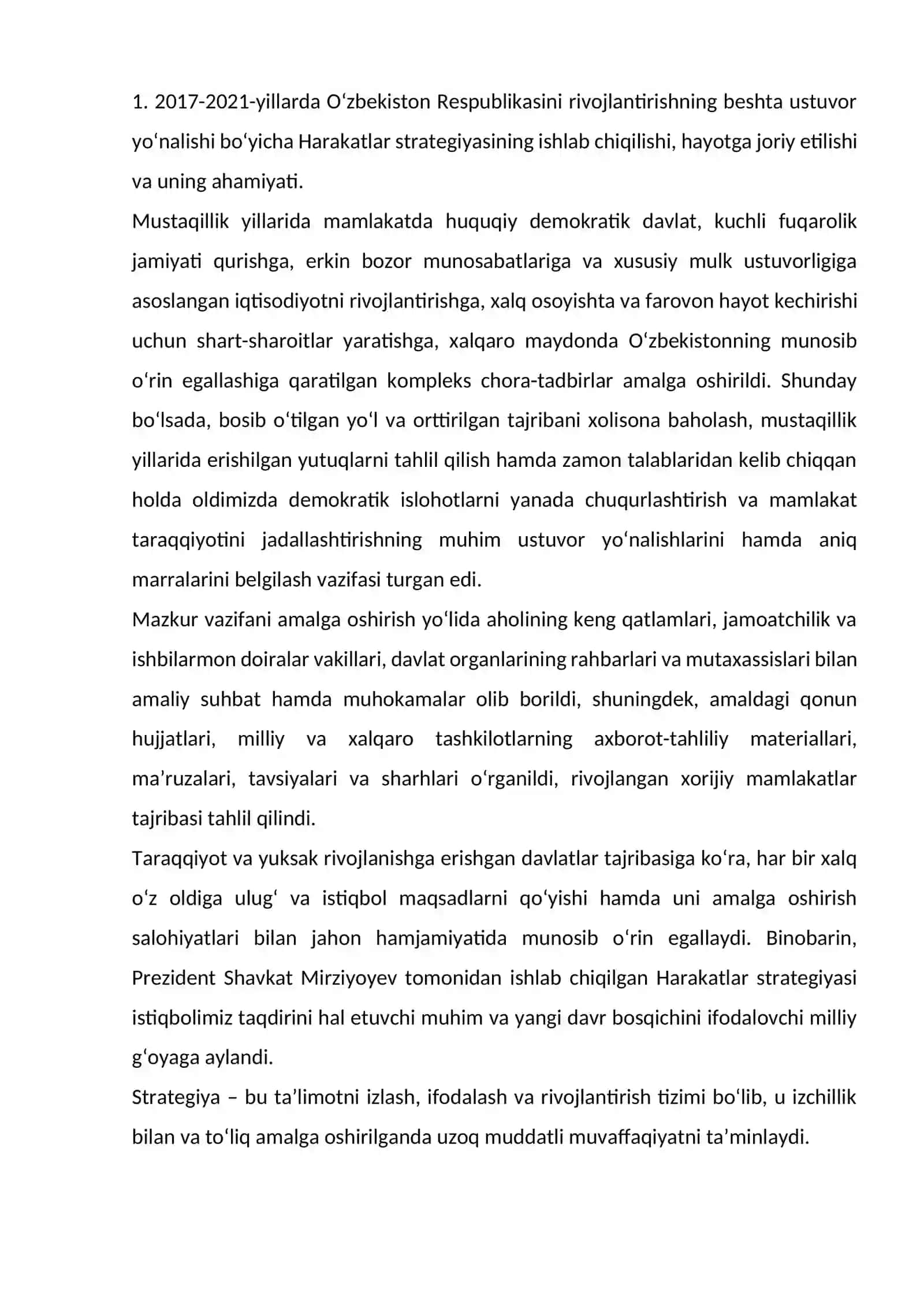 2017-2021-yillarda O‘zbekiston Respublikasini rivojlantirishning beshta ustuvor yo‘nalishi bo‘yicha Harakatlar strategiyasi 2
